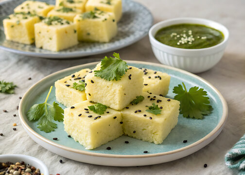Dhokla cubes with green chutney