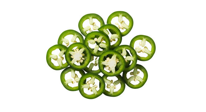 A pile of sliced green jalapeno peppers on a transparent background