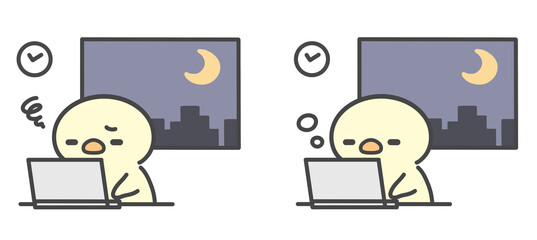 残業で疲れて眠そうなひよこ手書きイラストセット　夜遅くまで働く様子 パソコン作業中の疲労やストレス © Nitomaru