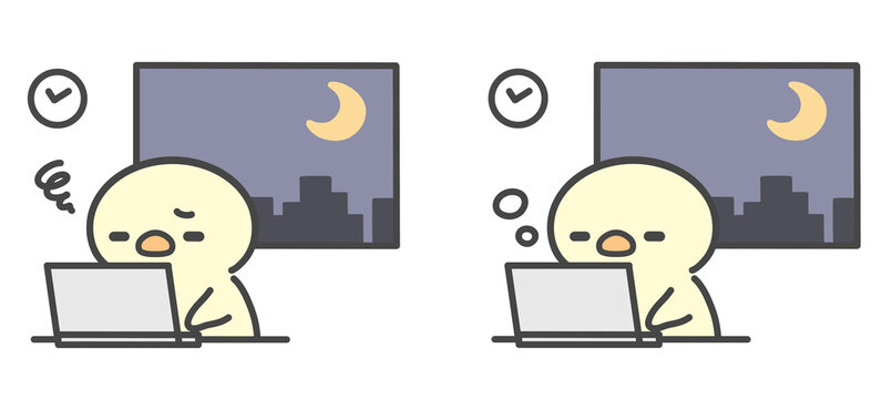 残業で疲れて眠そうなひよこ手書きイラストセット　夜遅くまで働く様子 パソコン作業中の疲労やストレス