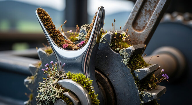 Rusty metal gears overgrown with moss and small wildflowers, symbolizing nature reclaiming industrial machinery, resilience, and environmental change.
