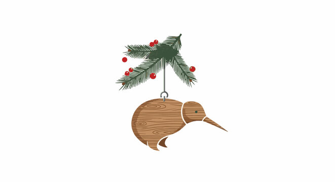 Wooden kiwi ornament with red berries hangs from a fir tree branch