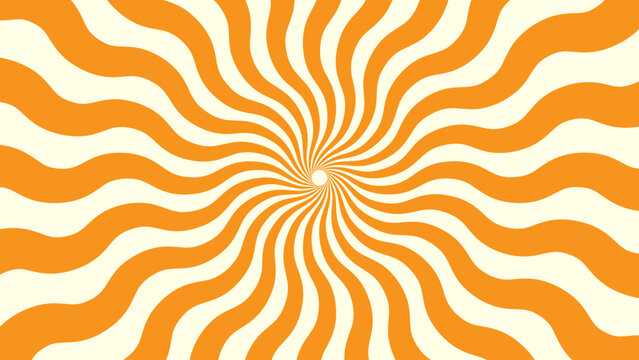 Vibrant orange and cream radial sunburst pattern with swirling, psychedelic waves creating an energetic and retro background