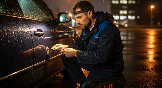 Professional locksmith carefully working on a car door lock at night in a wet, dark urban setting, using specialized tools and a headlamp to provide emergency vehicle access and security assistance