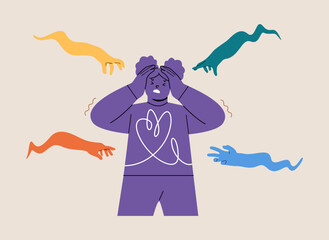 Girl feels sadness. Anxiety, depression or panic attack, afraid or negative feeling. Colorful vector illustration