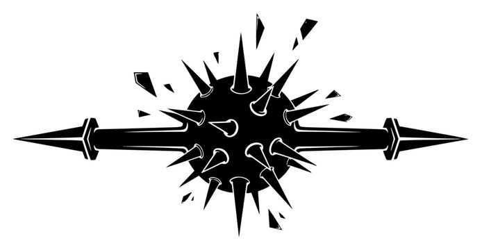 Spiky mace sphere with horizontal spears shattering black and white engraving style