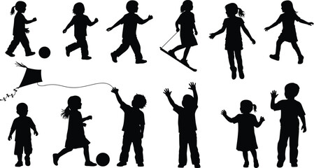 Fototapeta premium Children silhouettes playing, jumping and flying kite isolated on white background representing joyful childhood, outdoor fun, movement and playful lifestyle activities