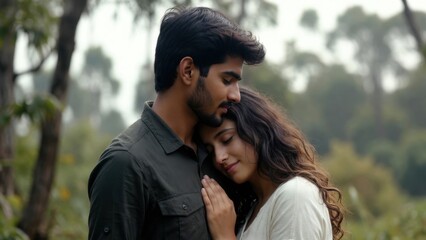 Fototapeta premium Couple embracing tenderly in misty forest clearing outdoors