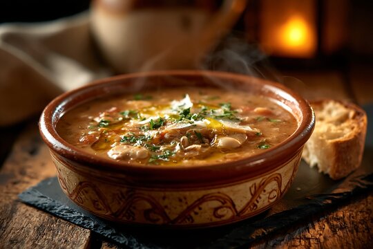 Steaming bowl of traditional minestra di farro soup on a rustic table
