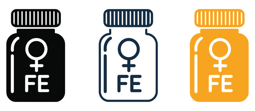 Female iron supplement icon set vector illustration, minimalist healthcare and nutrition graphics for women&rsquo;s health, iron deficiency treatment concept, clean medical UI icons for vitamins, pharmacy, 