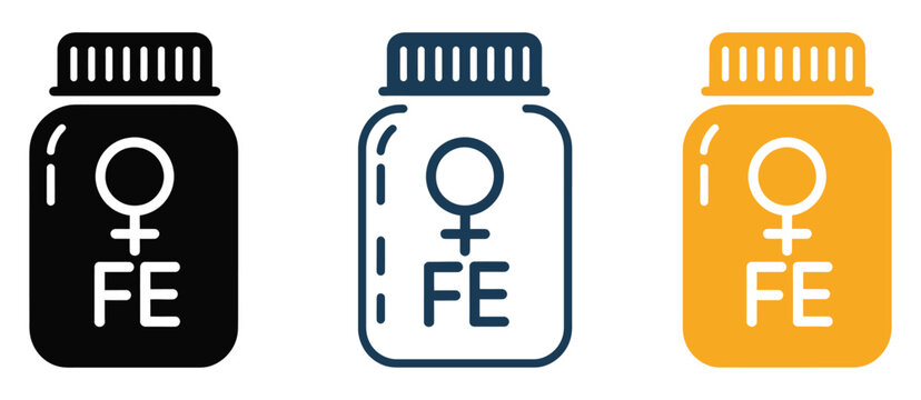 Female iron supplement icon set vector illustration, healthcare nutrition symbols design for women wellness, anemia support concept, modern medical infographic elements for vitamins and dietary supple