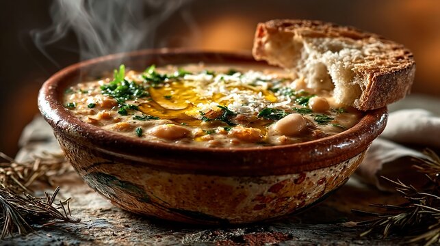 Rustic minestra di farro soup in a ceramic bowl with crusty bread