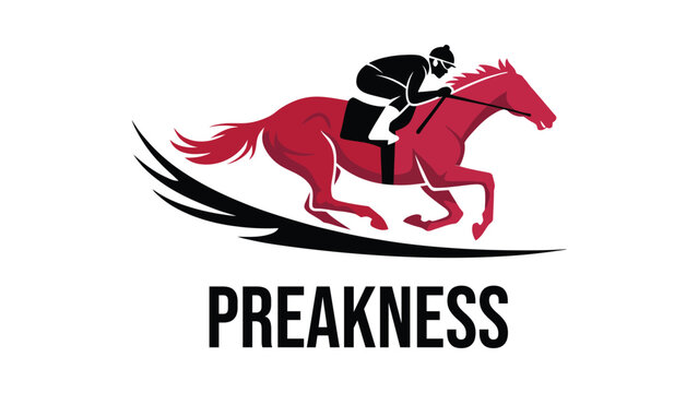 Horse Racing Jockey on Galloping Red Horse Silhouette for Preakness Stakes; Professional Equestrian Sport Vector Illustration Isolated on White for Derby Events