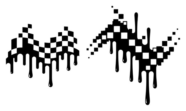 Melting checkered flag patterns with liquid drips in abstract graphic style