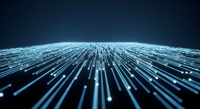 Abstract glowing blue digital data streams flowing into the distance on a dark background, representing technology and information