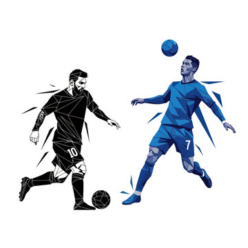 Football stars duel, low poly art, Messi vs Ronaldo, dynamic action illustration
