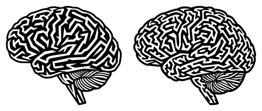 Human brain designed as complex maze or labyrinth in black and white woodcut style