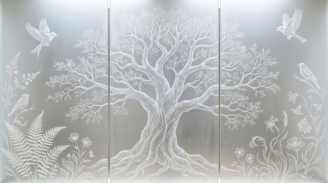 Intricate glass etching of a mature tree of life with birds and foliage, triptych art