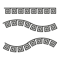 A Vector collection of classic Greek key meander borders, featuring straight and wavy geometric ornamental patterns in black. © Сергей Полякевич
