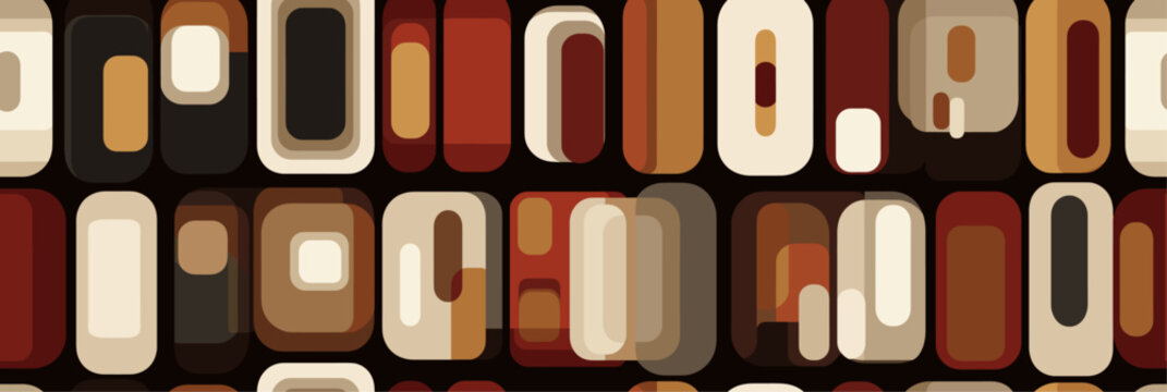 Abstract seamless pattern featuring various sized rounded rectangles in warm earthy tones on a black background. Retro brown geometric pattern with rounded rectangles