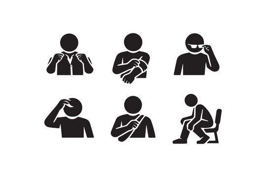 Black silhouette icons showing various human actions conditions and discomfort
