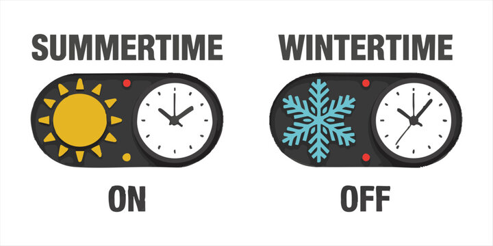 Daylight saving time switch illustration showing summertime and wintertime clock adjustments status