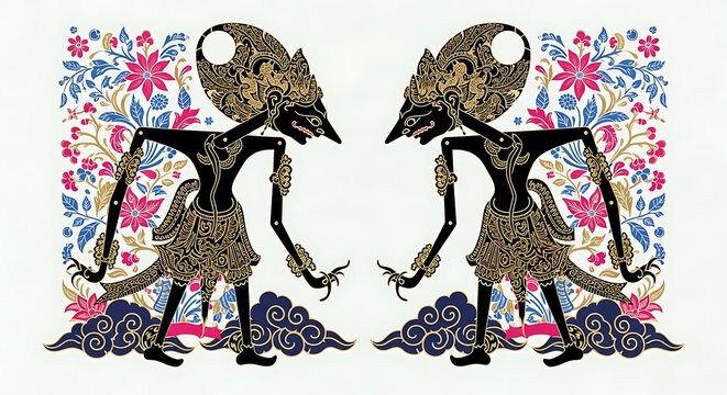 Traditional Indonesian Wayang Kulit shadow puppet floral illustration