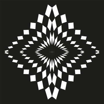A dynamic black and white Vector illustration featuring an optical art pattern of rhomboid shapes radiating outwards, creating a hypnotic visual effect.