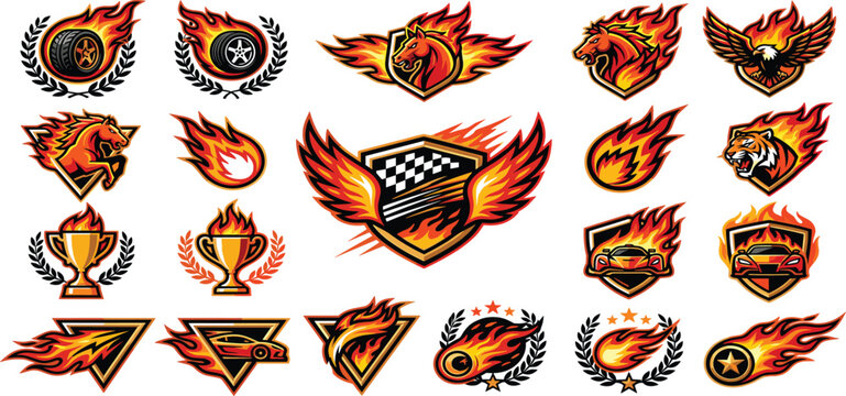 Set of fire racing logo emblems with flaming horse tiger eagle sports car trophy and wings for automotive club tournament brand design