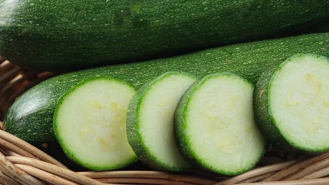 Fresh zucchini in a basket.	