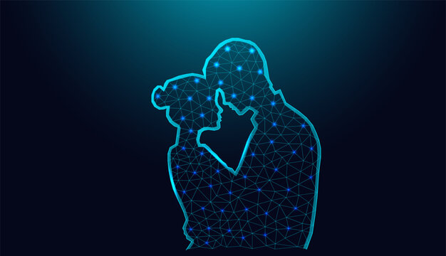 Low poly wireframe couple silhouette on dark blue background.