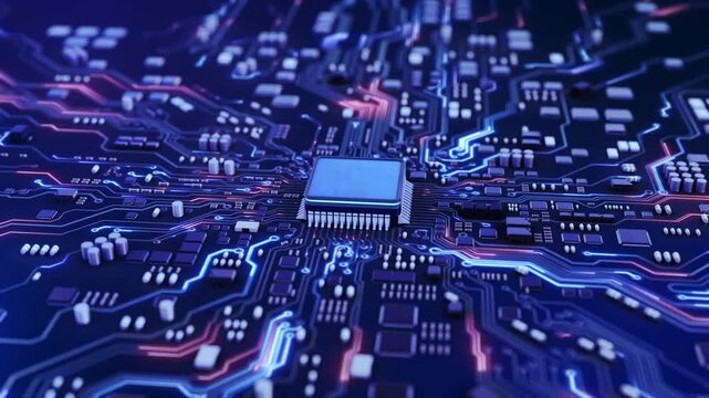 Dynamic circuit board animation glowing lights for tech innovation Futuristic circuit board glowing pathways, advanced technology , Futuristic Technology Background. Computer CPU data storage chip.