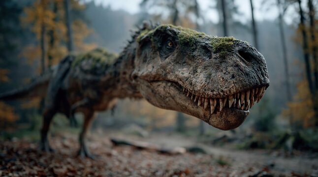 Mossy T-Rex in a misty ancient forest, close-up shot