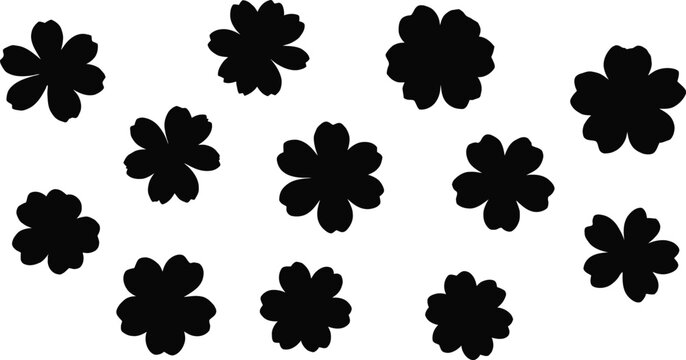 Collection of black flower silhouettes with five petals on a white background