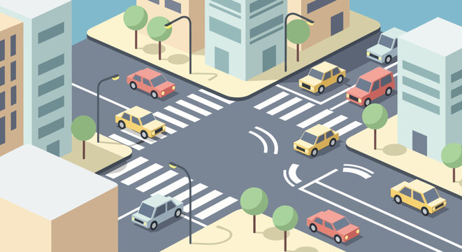 Isometric City Intersection with Autonomous Vehicles
