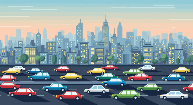 City Traffic Jam on Highway with Skyscrapers Skyline Background