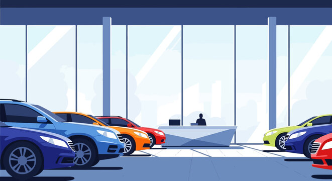 Modern Car Dealership Showroom Interior with Colorful Vehicles