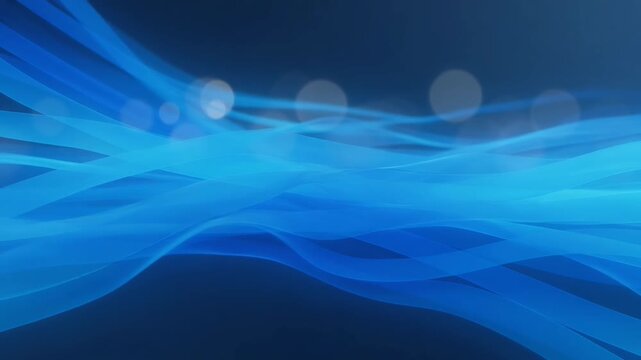 Abstract flowing blue light waves and bokeh lights on a dark blue background digital art animation with soft focus and smooth motion