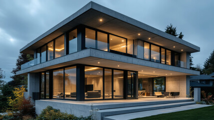 Fototapeta premium Modern Luxury Concrete and Glass House at Dusk With Illuminated Interior and Spacious Terrace