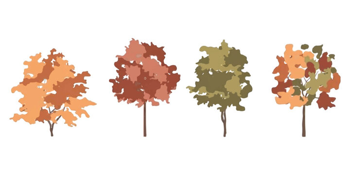 Set of four colorful autumn trees with different leaf shapes and seasonal fall colors