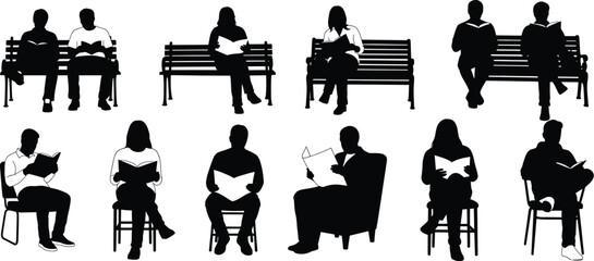 Obraz premium Collection of People Reading Books Silhouettes Vector Illustration Set Featuring Diverse Seated Figures on Benches and Chairs Isolated