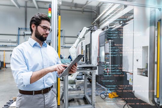 Young engineer working on codes through tablet PC at modern factory