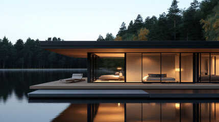 Fototapeta premium Modern Lake House Retreat With Glass Facade and Waterfront Bedrooms Over Calm Forest Lake