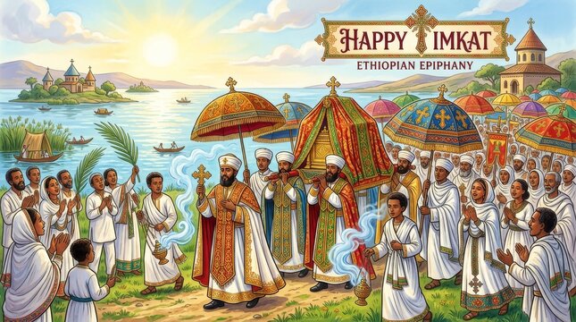 Ethiopian Timkat celebration with participants in traditional clothing by the river