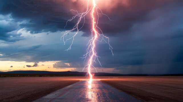 Lightning Strike Hitting Ground During Dramatic Thunderstorm Over Open Landscape at Sunset
