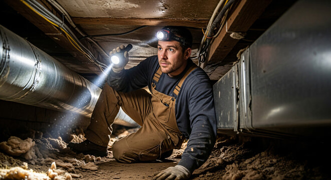 A man inspecting crawl space with flashlight and headlamp, wearing work clothes and gloves