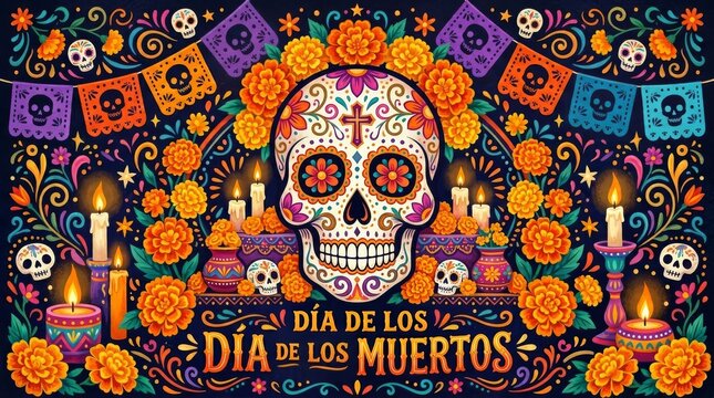 A vibrant and colorful sugar skull surrounded by candles flowers and decorations for Dia de los Muertos
