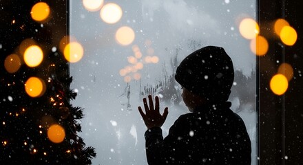 Fototapeta premium Child looking out window at snow, Christmas lights bokeh, winter holiday mood