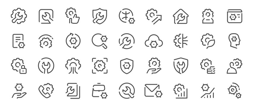 Modern gear settings line icons collection for ui ux, automation, security and system management