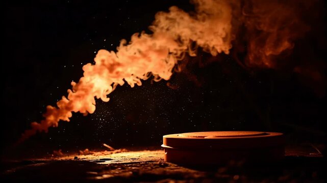 Burning grill with sparks and smoky fog frame concept. Orange smoke rising from a round container in dark background with glowing particles and dramatic lighting